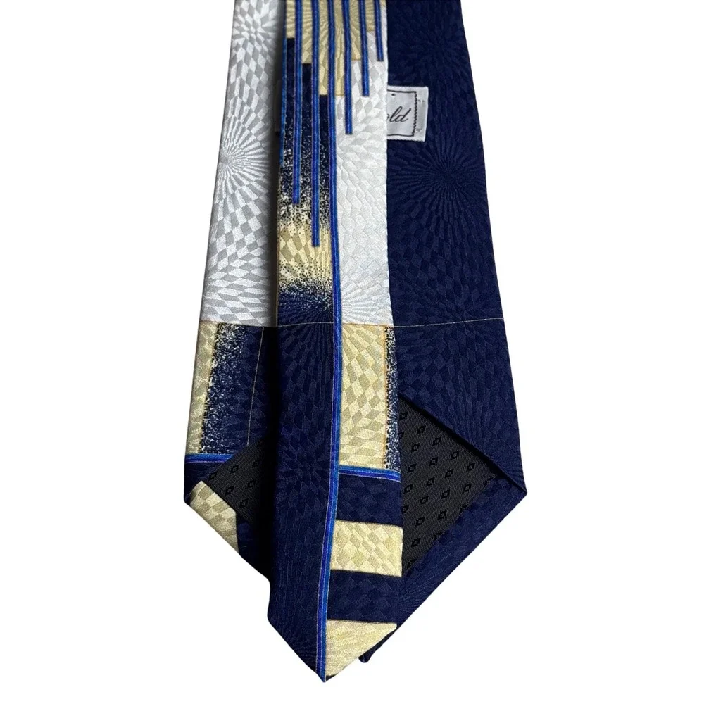 Robert Arnold Mens Silk Tie Navy Blue Geometric Medallion USA 4 Inch art deco